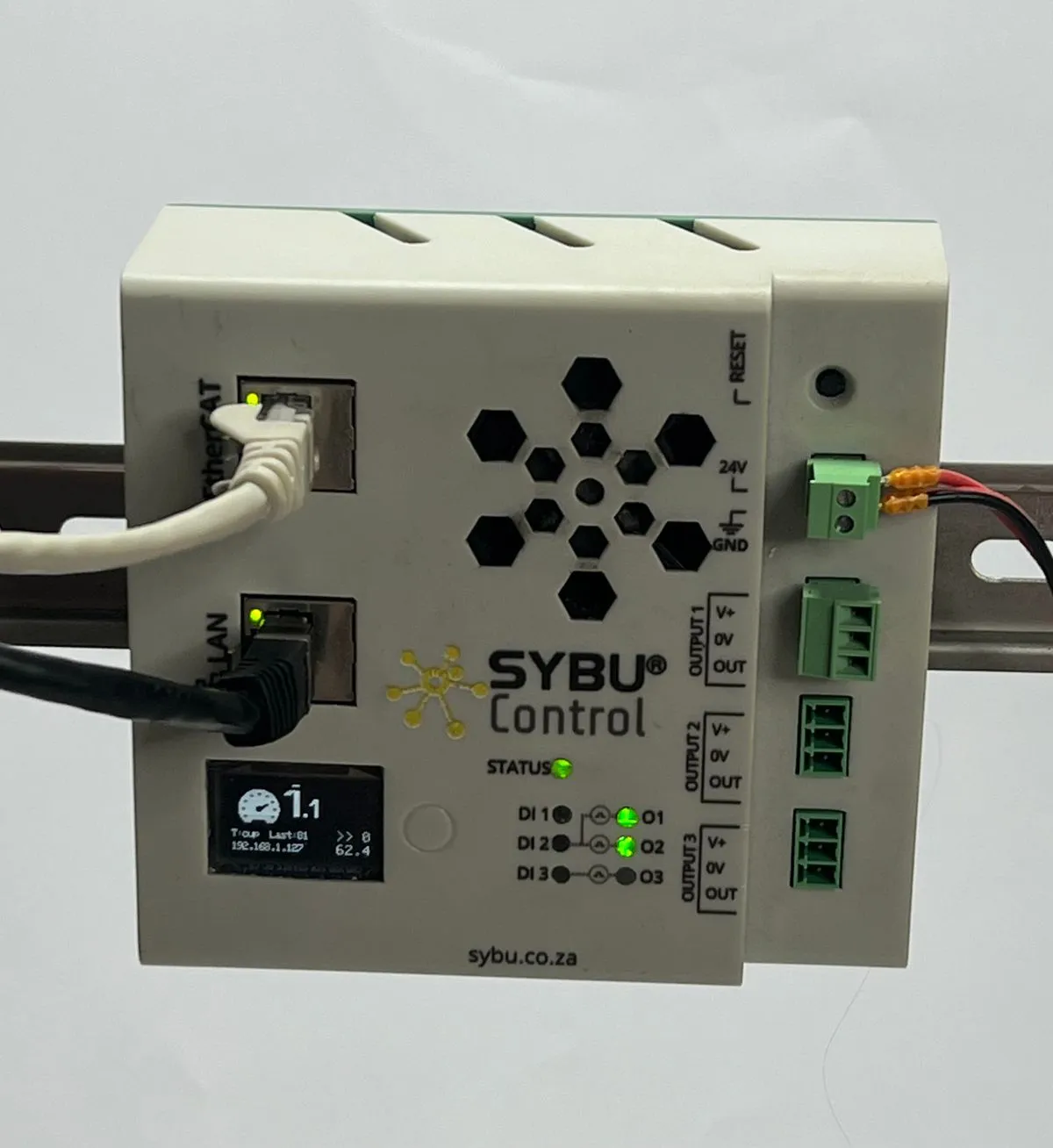 SYBU Control DIN-rail controller with EtherCAT and LAN connections and status LEDs